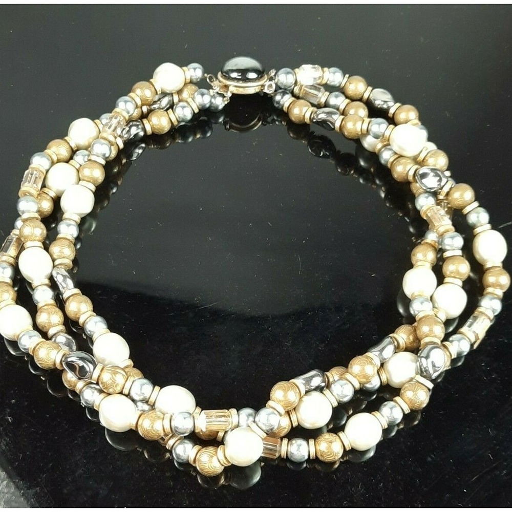 Vintage 1980s DIVA 3 Strand Hematite Crystal Faux Pearl Necklace Signed Retro